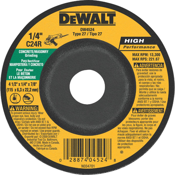 DEWALT HP Type 27 4-1 In. x 1/4 In. x 7/8 In. Masonry Grinding Cut-Off Wheel