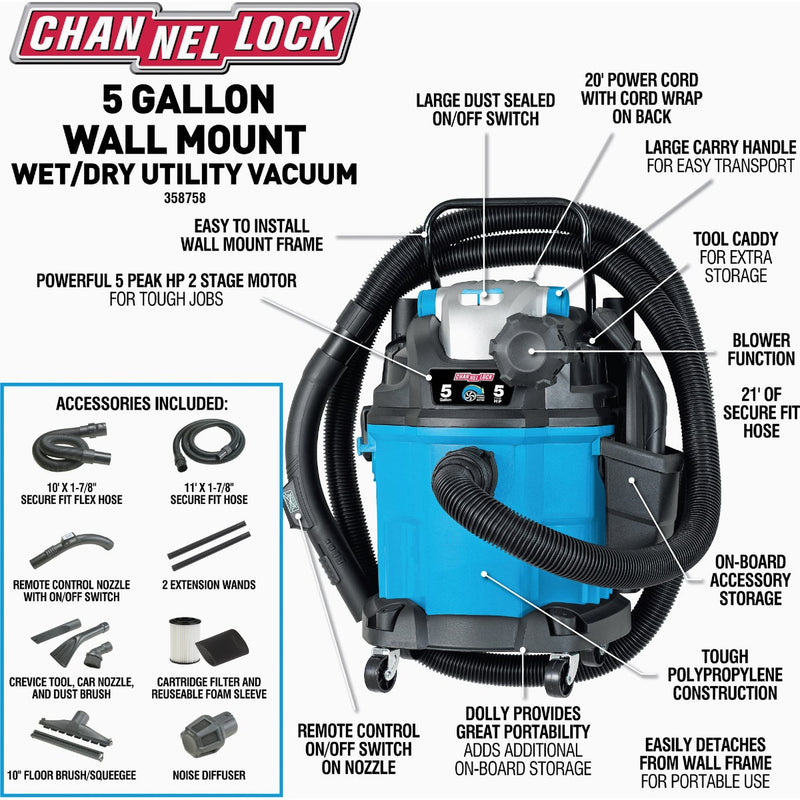 Channellock 5 Gal. 5.0-Peak HP Wall Mount Wet/Dry Vacuum