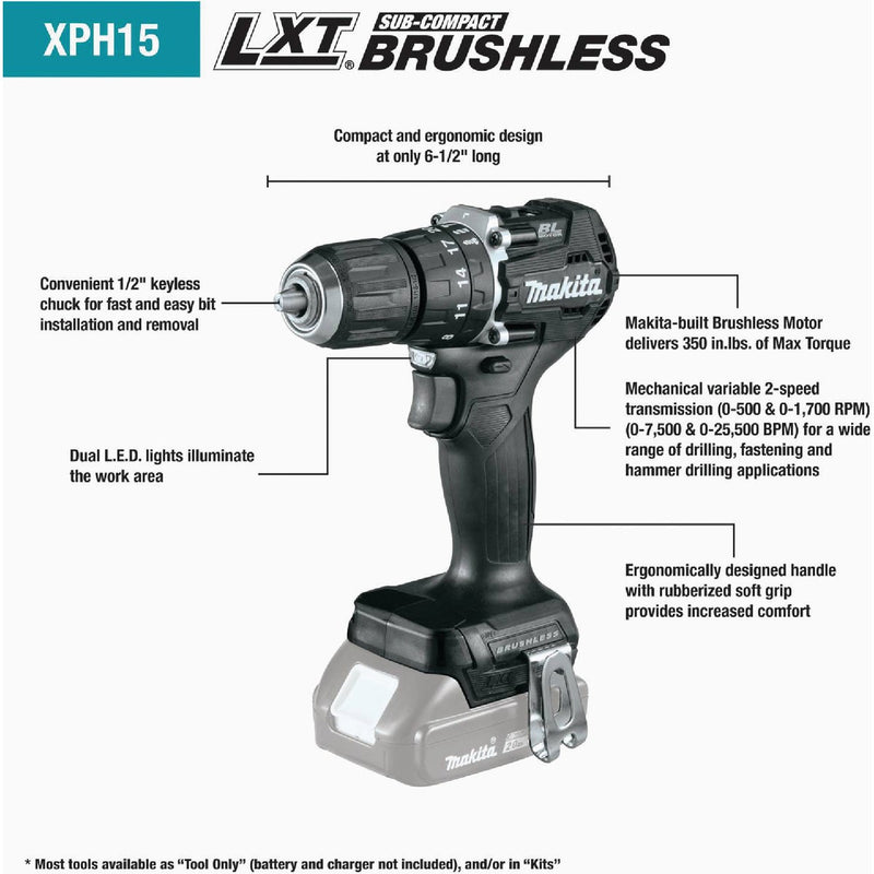 Makita 18-Volt LXT Lithium-Ion 1/2 In. Brushless Sub-Compact Cordless Hammer Drill (Tool Only)