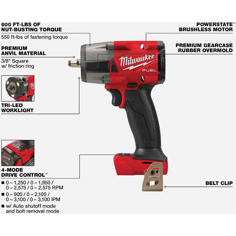 Milwaukee M18 FUEL Brushless 3/8 In. Mid-Torque Cordless Impact Wrench with Friction Ring (Tool Only)