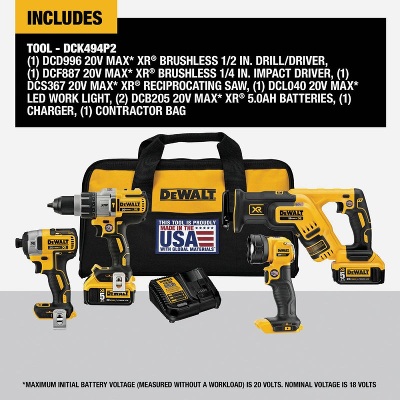 DEWALT 20V MAX XR 4-Tool Brushless Cordless Hammer Drill, Impact Driver, Reciprocating Saw & Work Light Combo Kit with (2) 5.0 Ah Batteries & Charger