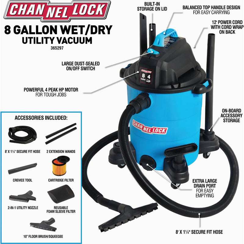 Channellock 8 Gal. 4.0-Peak HP Wet/Dry Vacuum