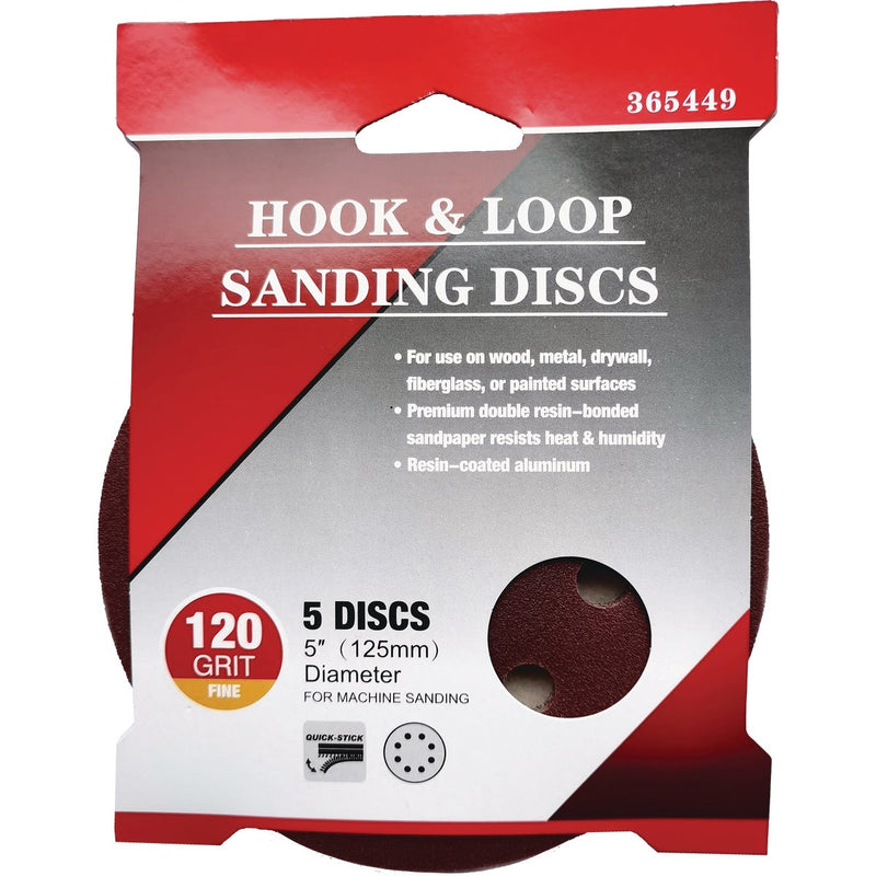 5 In. 120-Grit 8-Hole Pattern Vented Sanding Disc with Hook & Loop Backing (5-Pack)