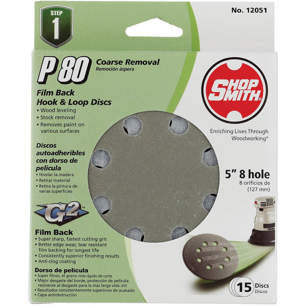 Gator 5 In. 80-Grit 8-Hole Pattern Vented Sanding Disc with Hook & Loop Backing (15-Pack)