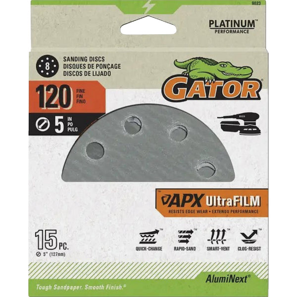 Gator 5 In. 120-Grit 8-Hole Pattern Vented Sanding Disc with Hook & Loop Backing (15-Pack)