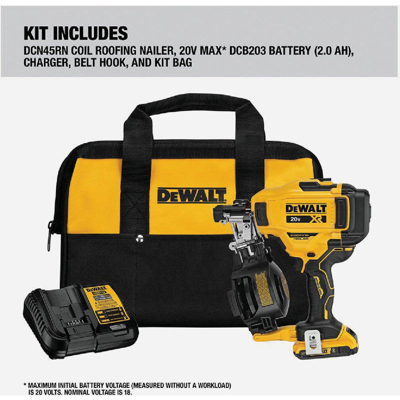 DEWALT 20V MAX Brushless 15 Degree 1-3/4 In. Cordless Coil Roofing Nailer Kit with 2.0 Ah Battery & Charger