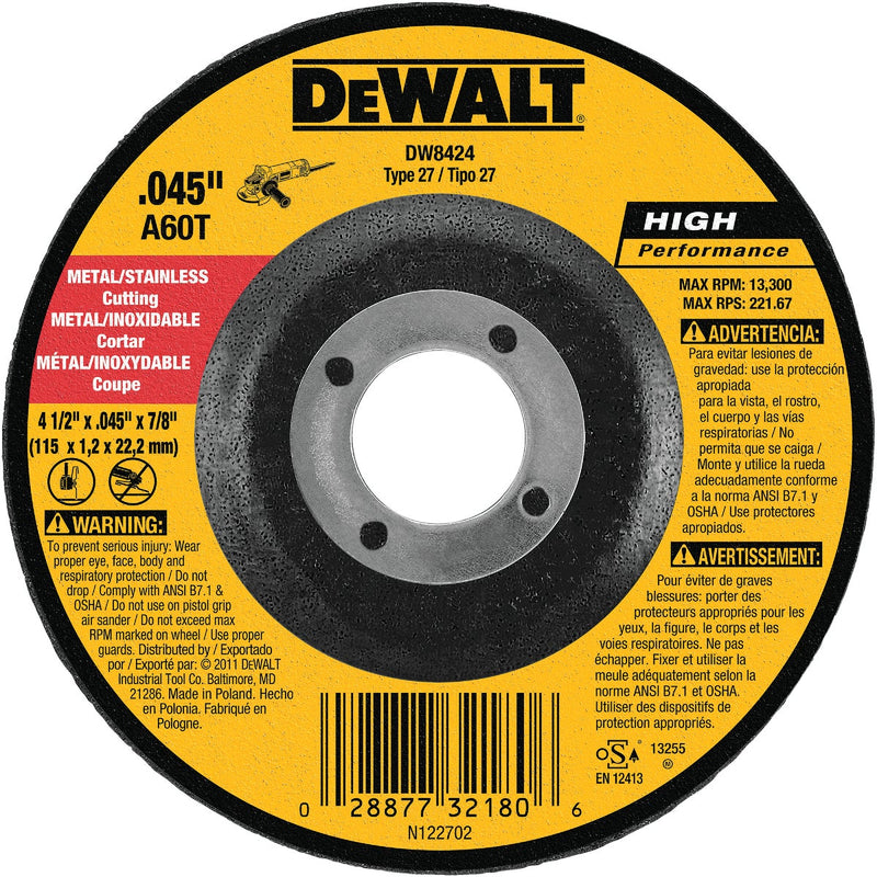 DEWALT HP Type 27 4-1/2 In. x 0.045 In. x 7/8 In. Metal/Stainless Cut-Off Wheel