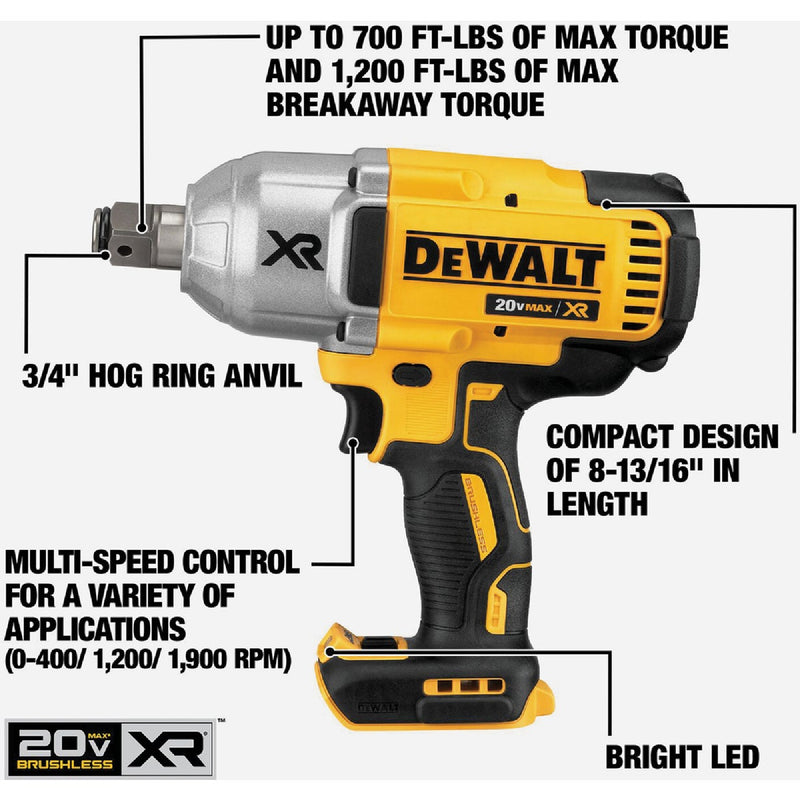 DEWALT 20V MAX XR Brushless 3/4 In. High Torque Cordless Impact Wrench with Hog Ring Anvil (Tool Only)