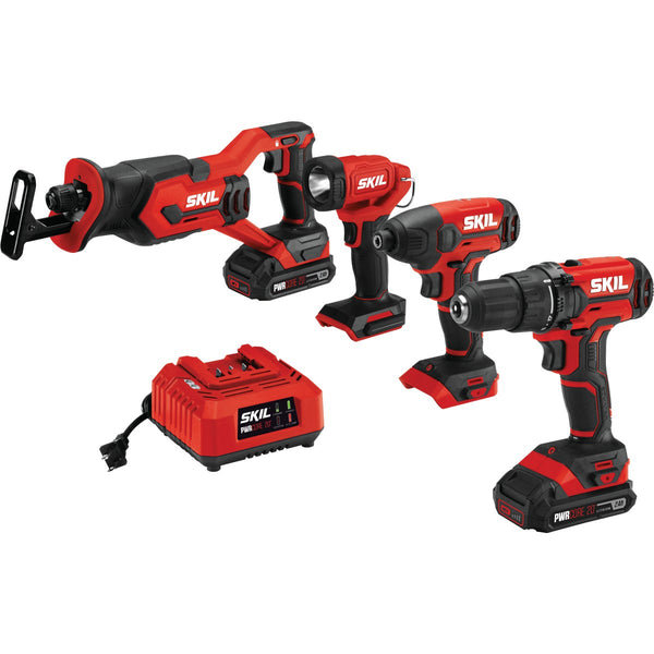 SKIL 4-Tool PWRCore 20 Volt Lithium-Ion Drill/Driver, Impact Driver, Reciprocating Saw & Area Light Cordless Tool Combo