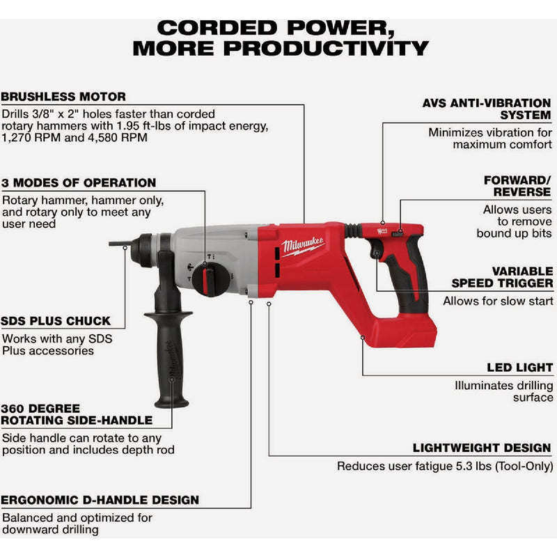 Milwaukee M18 Brushless 1 In. SDS-Plus D-Handle Cordless Rotary Hammer (Tool Only)