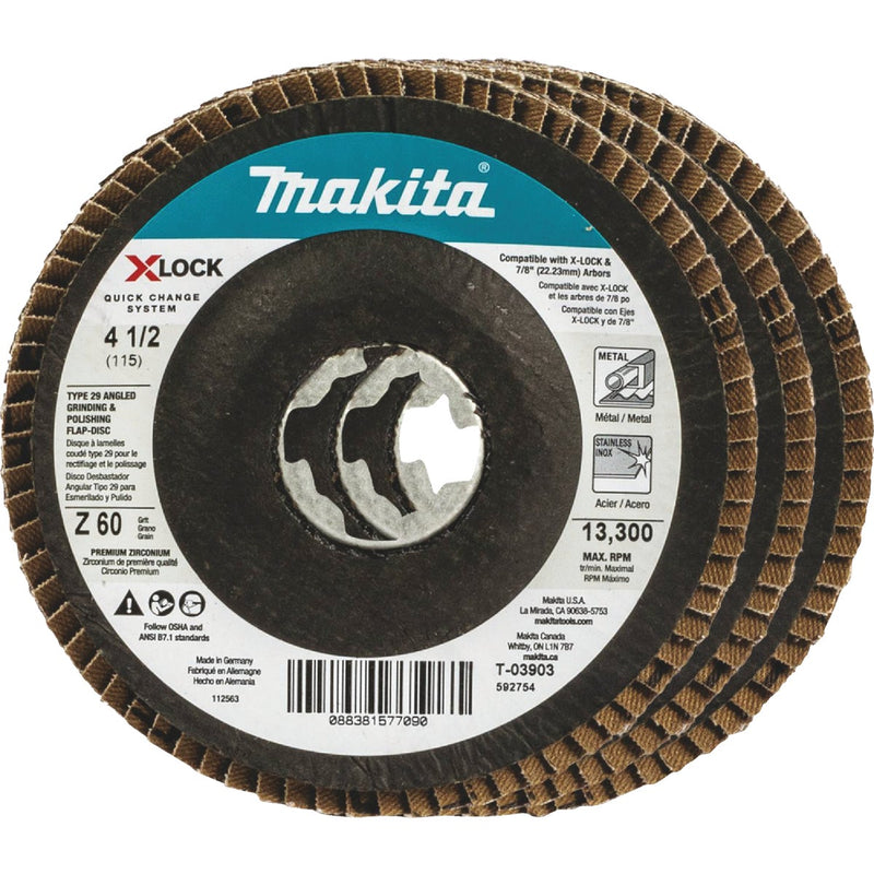 Makita X-LOCK 4-1/2 In. x 7/8 In. 60-Grit Type 29 Zirconia Angle Grinder Flap Disc (3-Pack)