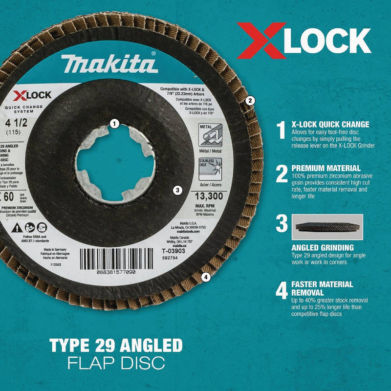 Makita X-LOCK 4-1/2 In. x 7/8 In. 60-Grit Type 29 Zirconia Angle Grinder Flap Disc (3-Pack)