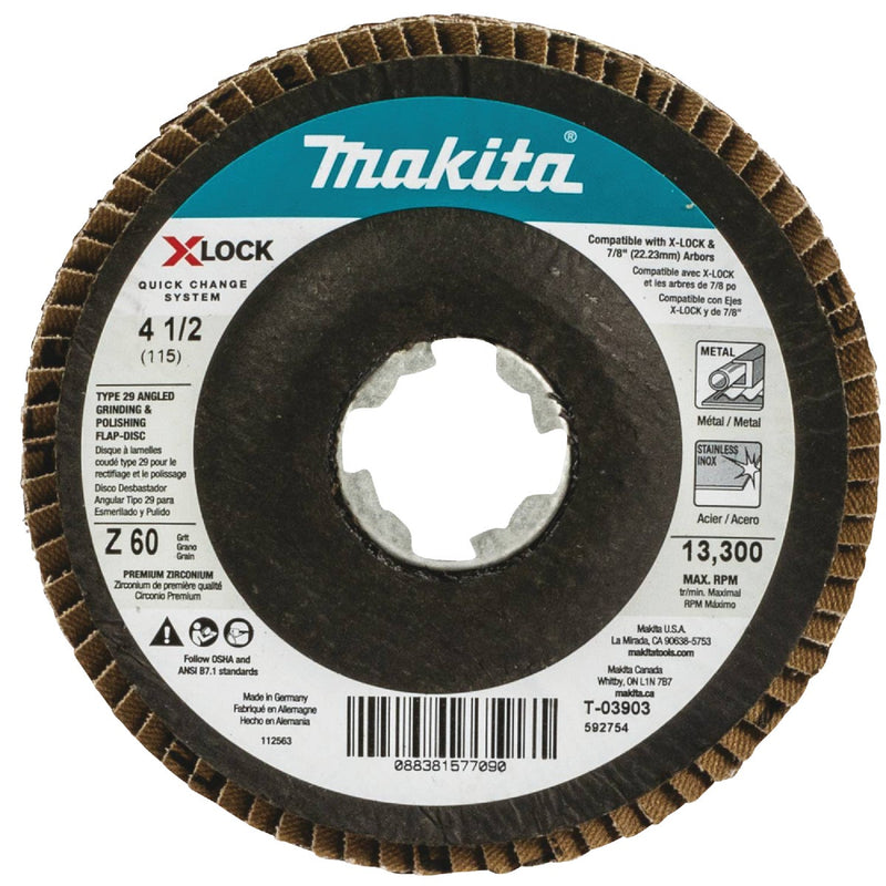 Makita X-LOCK 4-1/2 In. x 7/8 In. 60-Grit Type 29 Zirconia Angle Grinder Flap Disc (3-Pack)