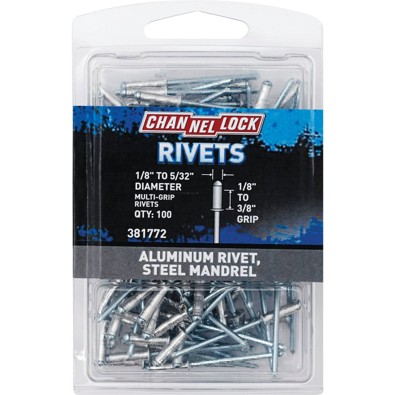 Channellock 1/8 In. to 5/32 In. Dia. x 0.157 In. to 0.315 In. Grip Aluminum Multigrip POP Rivet (100-Pack)