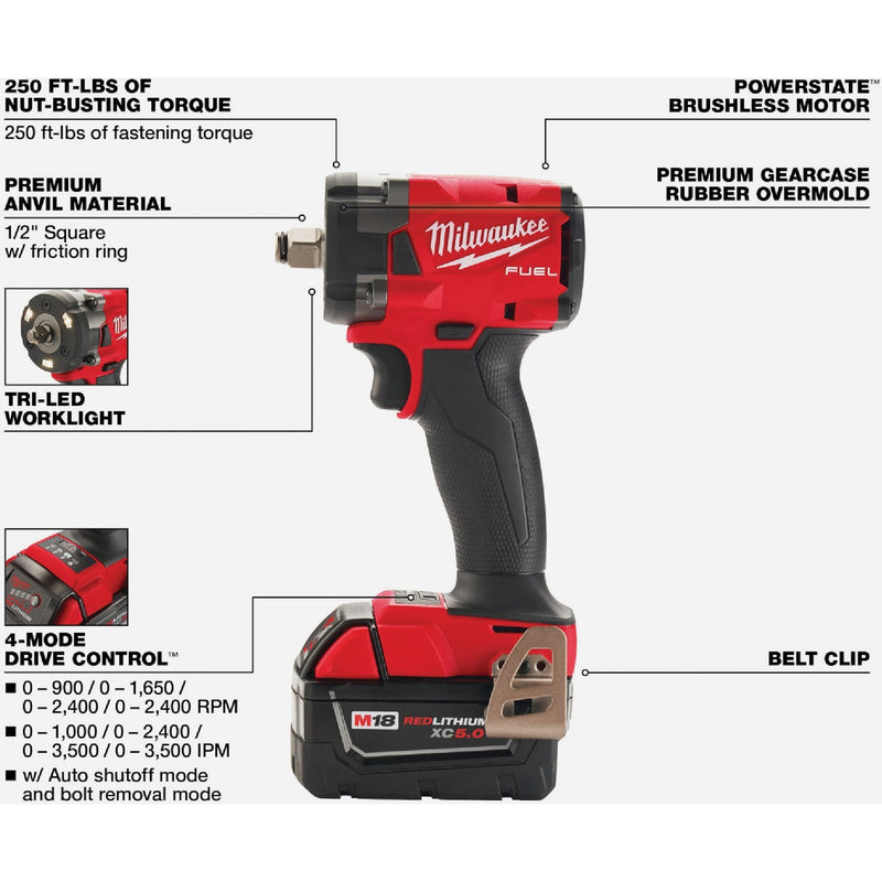 Milwaukee M18 FUEL Brushless 1/2 In. Compact Cordless Impact Wrench Kit with Friction Ring, (2) 5.0 Ah Resistant Batteries & Charger