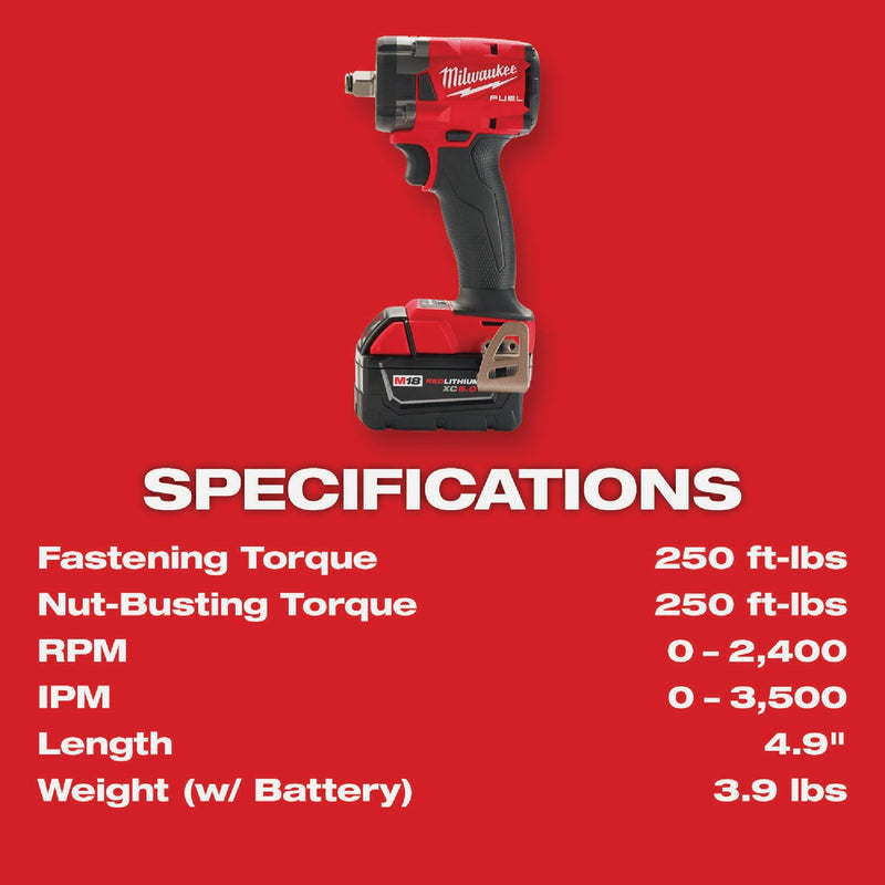 Milwaukee M18 FUEL Brushless 1/2 In. Compact Cordless Impact Wrench Kit with Friction Ring, (2) 5.0 Ah Resistant Batteries & Charger