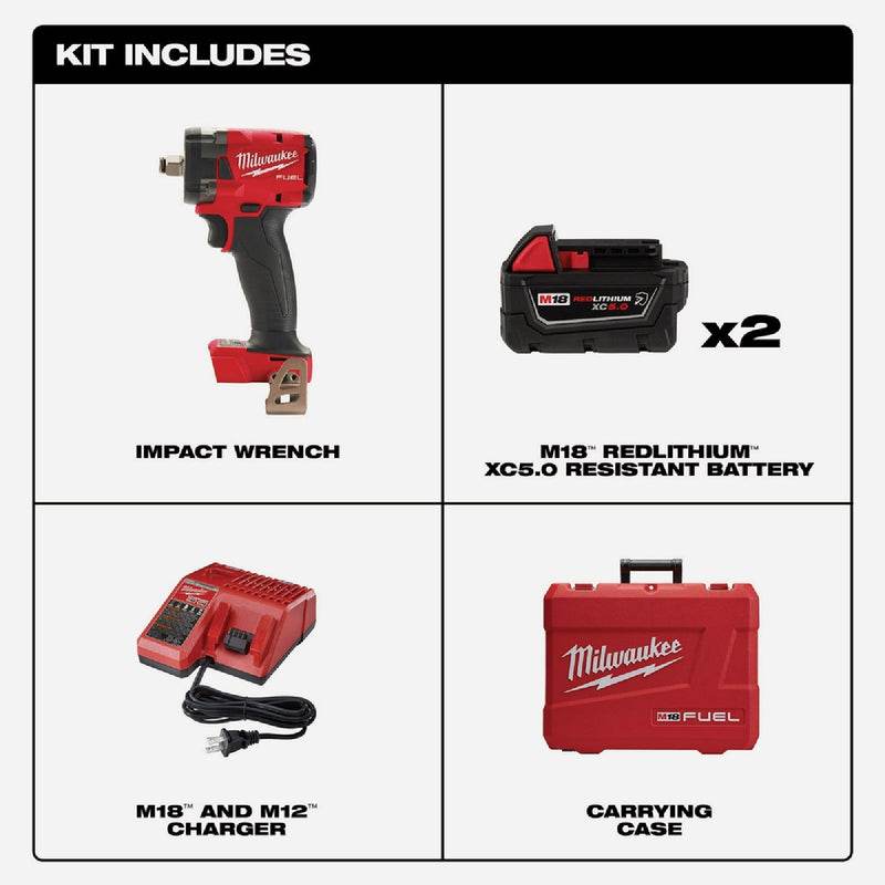 Milwaukee M18 FUEL Brushless 1/2 In. Compact Cordless Impact Wrench Kit with Friction Ring, (2) 5.0 Ah Resistant Batteries & Charger