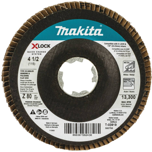 Makita X-LOCK 4-1/2 In. x 7/8 In. 80-Grit Type 29 Zirconia Angle Grinder Flap Disc