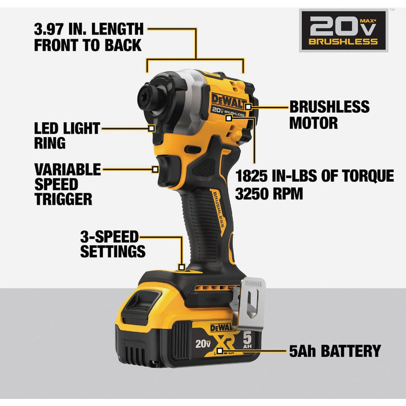 DEWALT ATOMIC 20V MAX Brushless 1/4 In. Cordless Impact Driver Kit with 5.0 Ah Battery & Charger