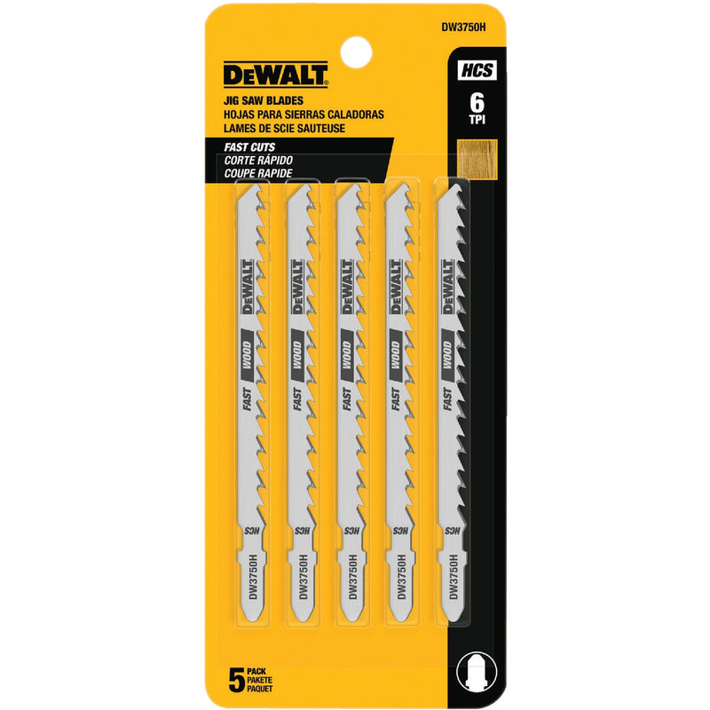 DeWalt T-Shank 4 In. x 6 TPI High Carbon Steel Jig Saw Blade, Fast Wood (5-Pack)