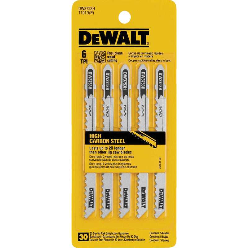 DeWalt T-Shank 4 In. x 6 TPI High Carbon Steel Jig Saw Blade, Fast/Clean Wood (5-Pack)