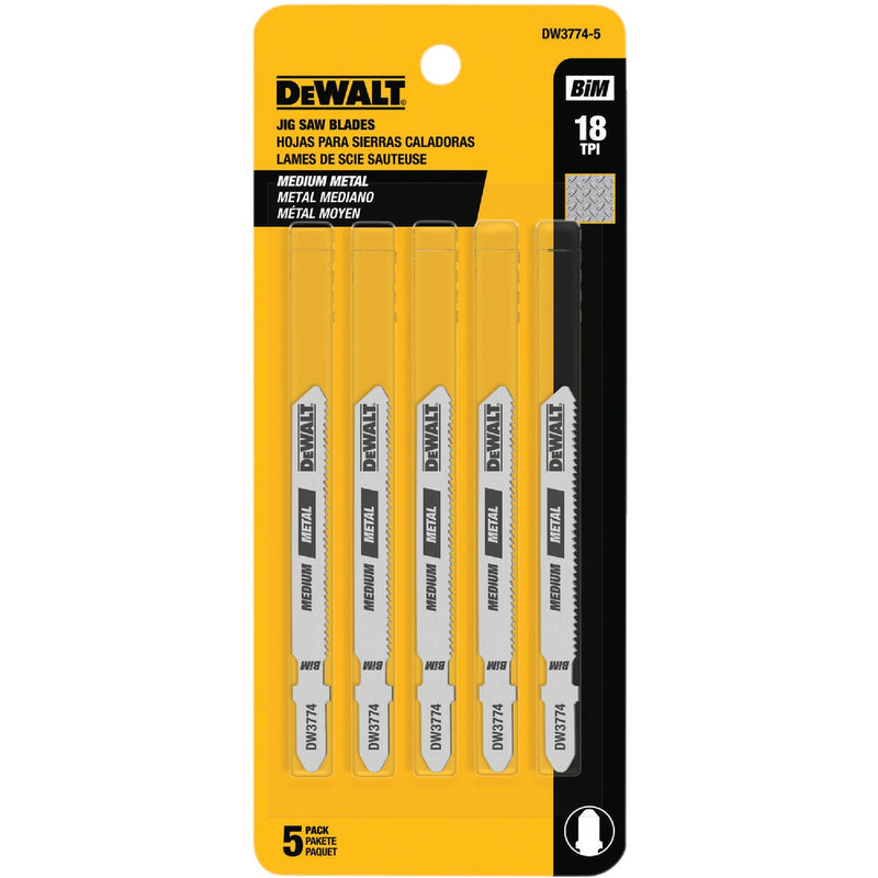 DeWalt T-Shank 3 In. x 18 TPI High Carbon Steel Jig Saw Blade, Medium Metal (5-Pack)