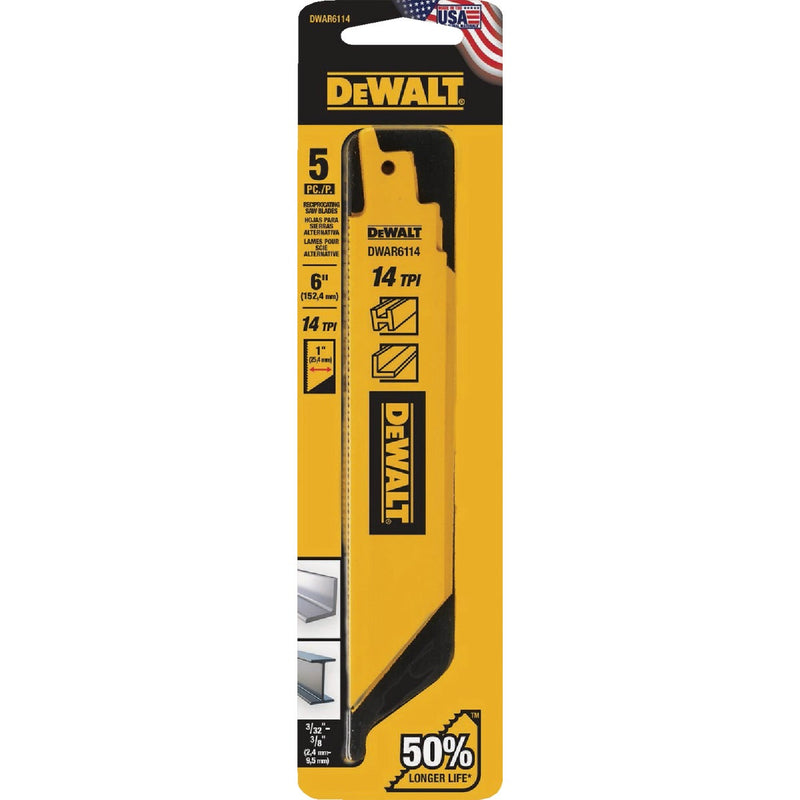 DEWALT 6 In. 14 TPI Bi-Metal Reciprocating Saw Blade (5-Pack)