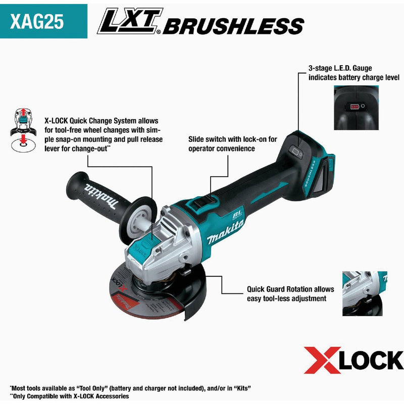 Makita 18 Volt LXT Lithium-Ion 4-1/2 In. - 5 In. Brushless X-LOCK Cordless Angle Grinder (Tool Only)