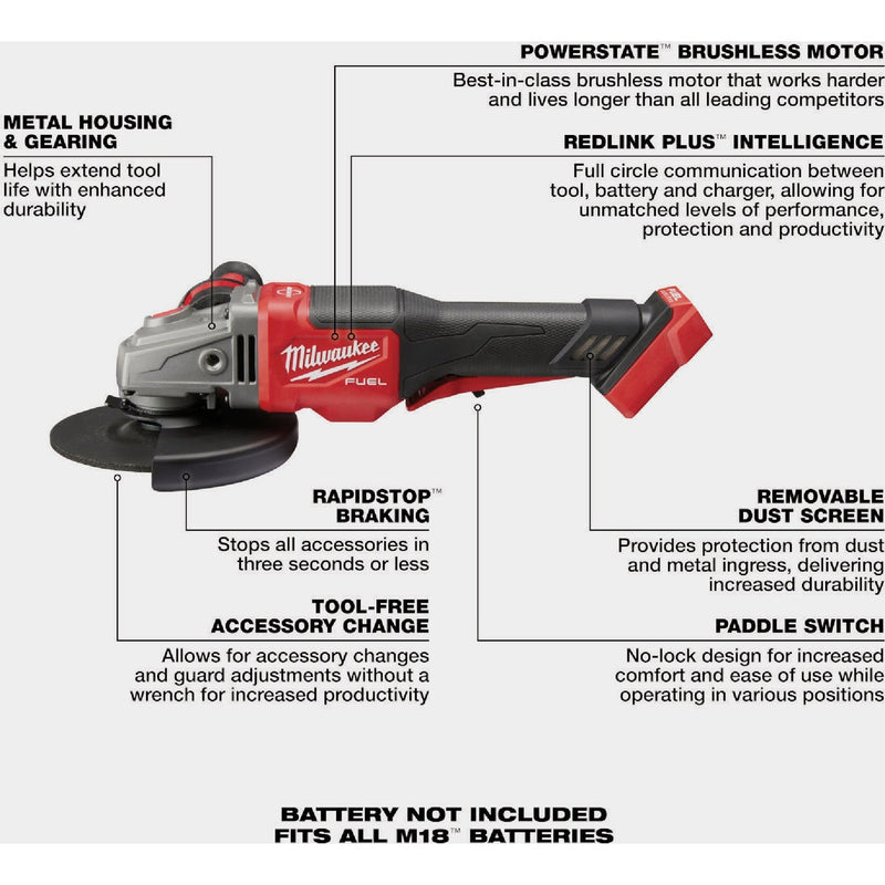 Milwaukee M18 FUEL 4-1/2 In. / 6 In. Brushless Braking Cordless Angle Grinder with Paddle Switch No Lock (Tool Only)