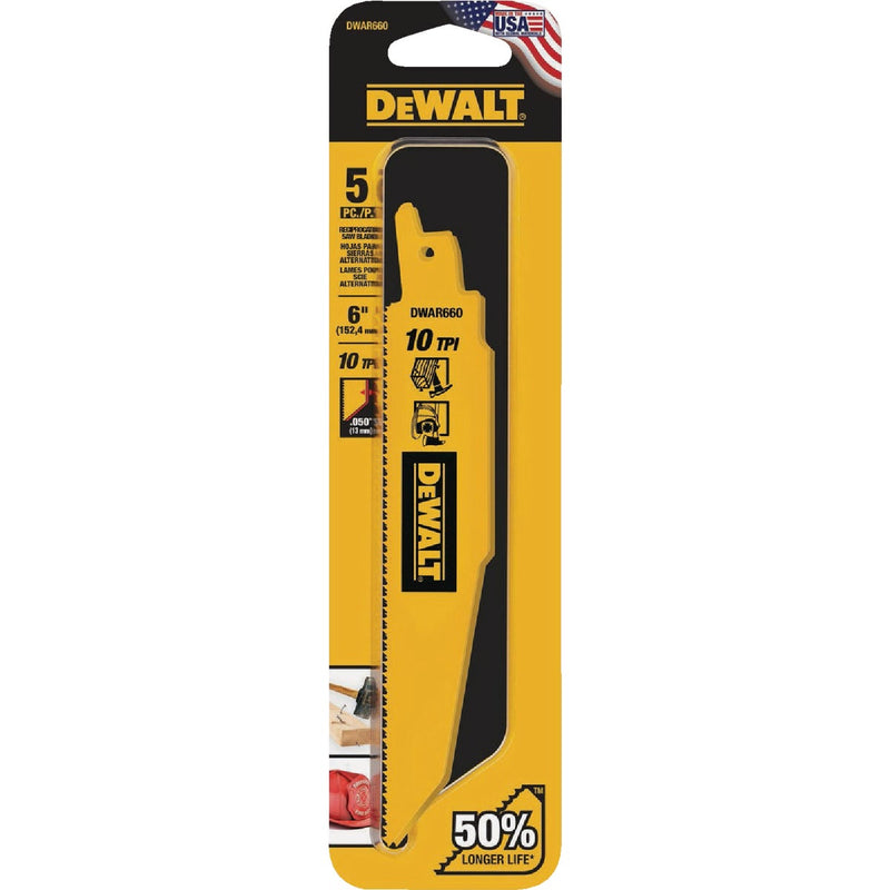 DEWALT 6 In. 10 TPI Demolition Bi-Metal Reciprocating Saw Blade (5-Pack)