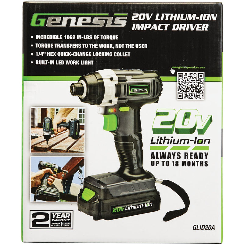 Genesis 20V 1/4 In. Hex Cordless Impact Driver Kit with 2.0 Ah Battery & Charger