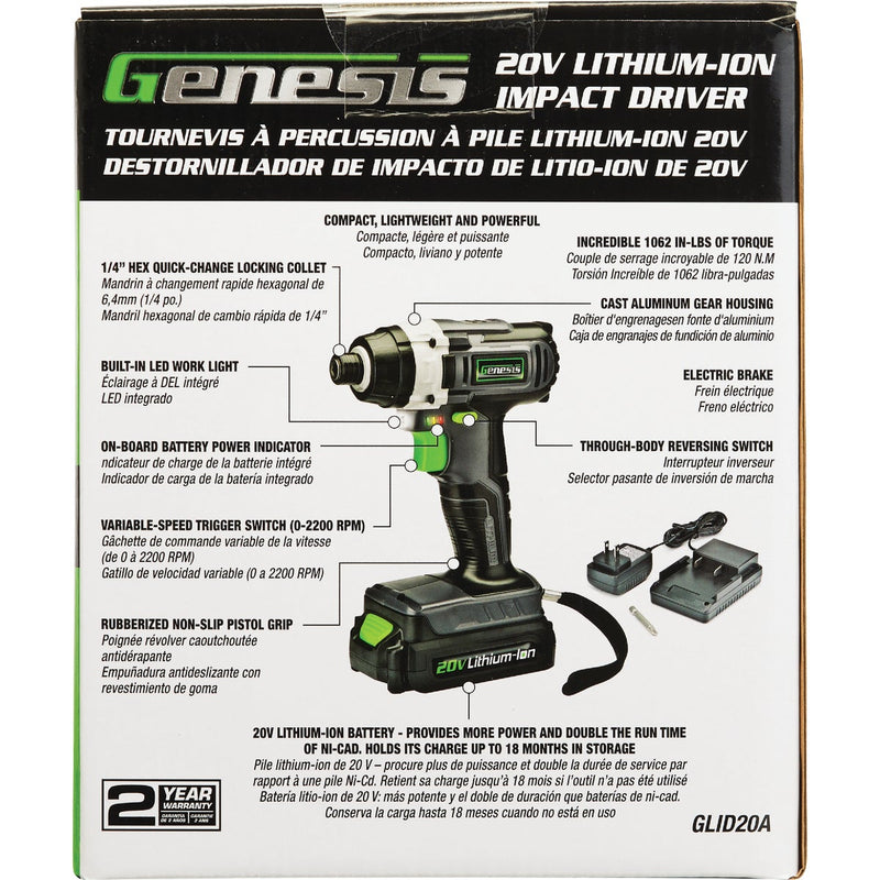 Genesis 20V 1/4 In. Hex Cordless Impact Driver Kit with 2.0 Ah Battery & Charger