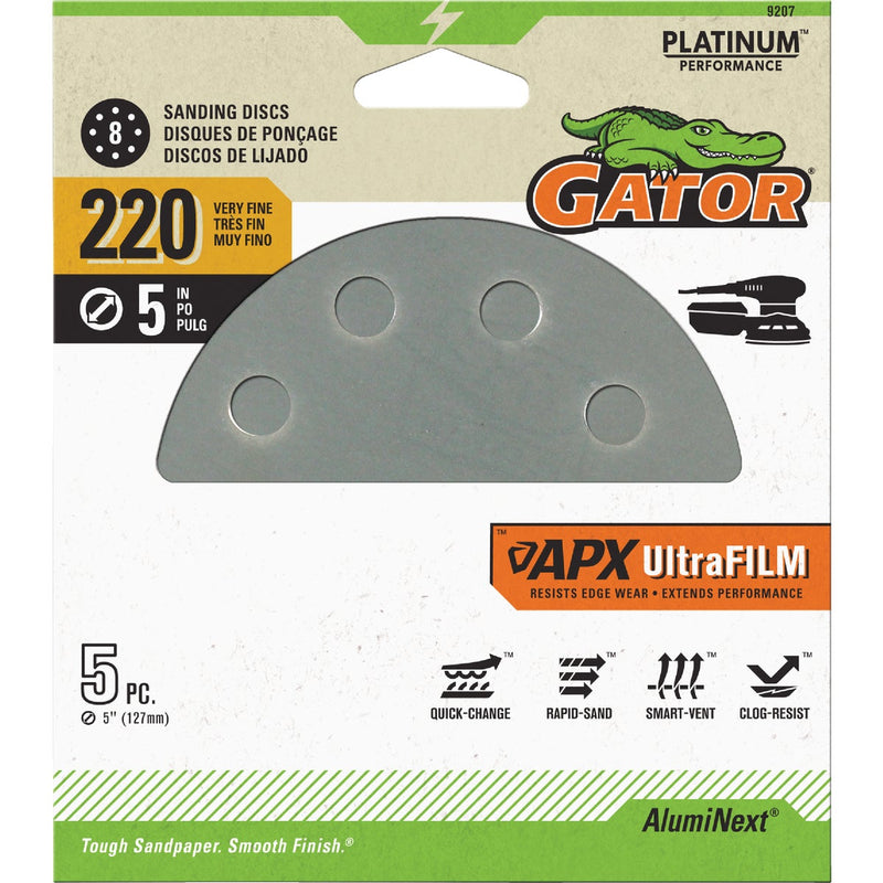 Gator 5 In. 220-Grit 8-Hole Pattern Vented Sanding Disc with Hook & Loop Backing (5-Pack)