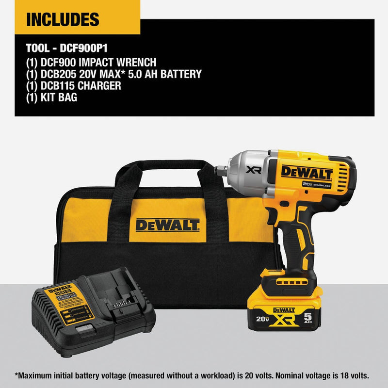 DEWALT 20V MAX XR Brushless 1/2 In. High Torque Cordless Impact Wrench Kit with Hog Ring Anvil & 5.0 Ah Battery & Charger