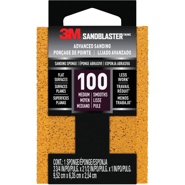 3M SandBlaster 2-1/2 In. x 3-3/4 In. x 1 In. Bare Surfaces Medium Sanding Sponge, 100 Grit