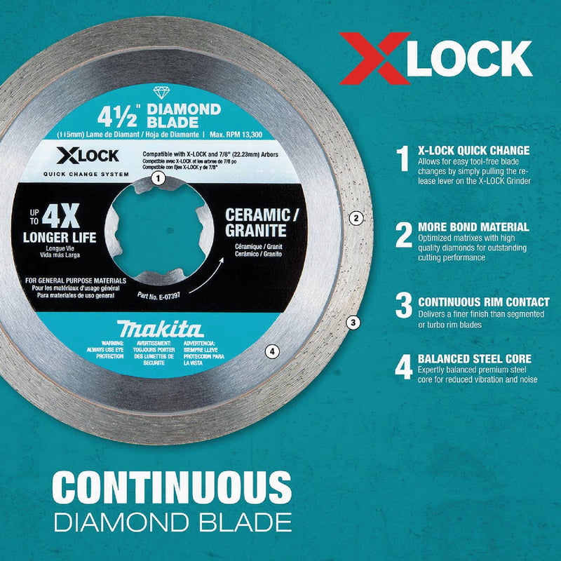 Makita X-LOCK 4-1/2 In. Continuous Rim Dry/Wet Cut Diamond Blade