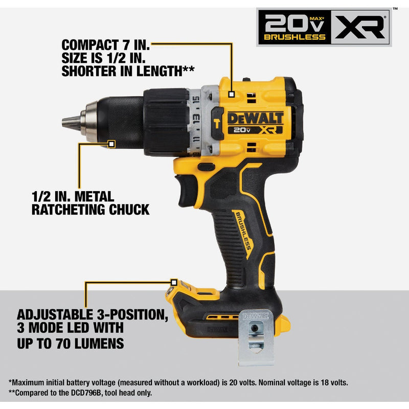 DEWALT 20V MAX XR Lithium-Ion Brushless 1/2 In. Compact Cordless Hammer Drill (Tool Only)