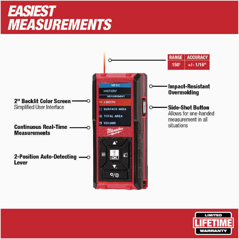 Milwaukee 150 Ft. Backlit Color Screen Laser Distance Measurer