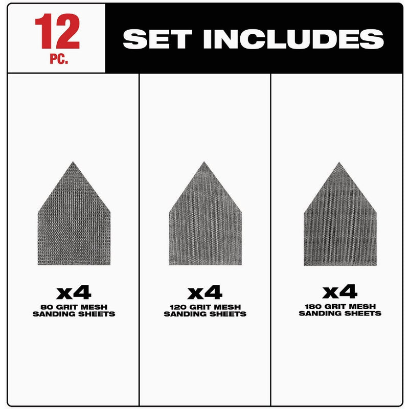 Milwaukee Assorted 80, 120 & 180 Grit Mesh Power Sanding Sheets for M12 FUEL Orbital Detail Sander (12-Pack)