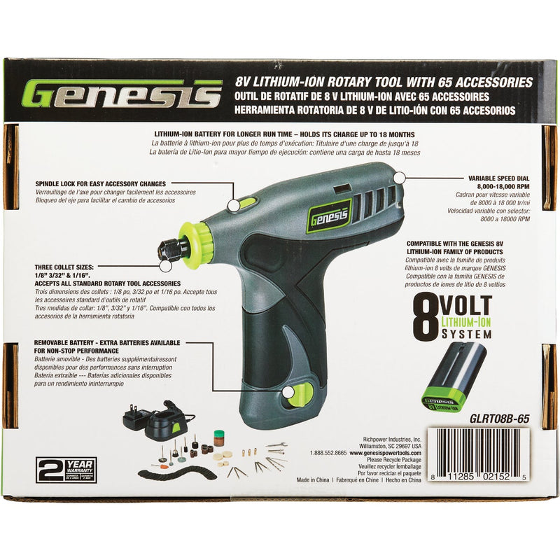 Genesis 8 Volt Lithium-Ion Variable Speed Cordless Rotary Tool Kit with 65 Accessories