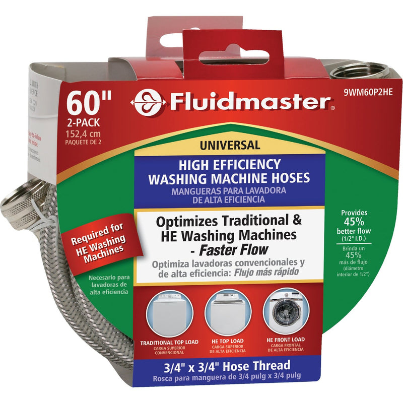 Fluidmaster 3/4 x 3/4 In. Hose Fitting x 60 In. L Braided Stainless Steel High Efficiency Washing Machine Hose(2-Pack)