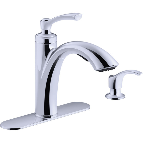 Kohler Linwood 1-Handle Lever Pull-Out Kitchen Faucet with Soap Dispenser, Chrome