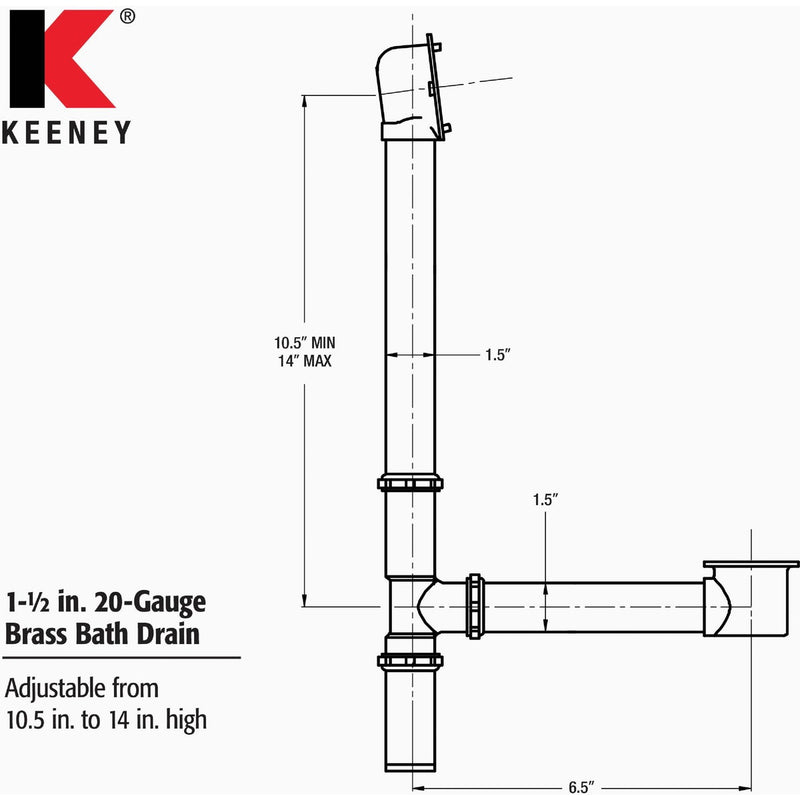 Keeney Rough Brass Trip Lever Bath Drain with Polished Chrome Trim