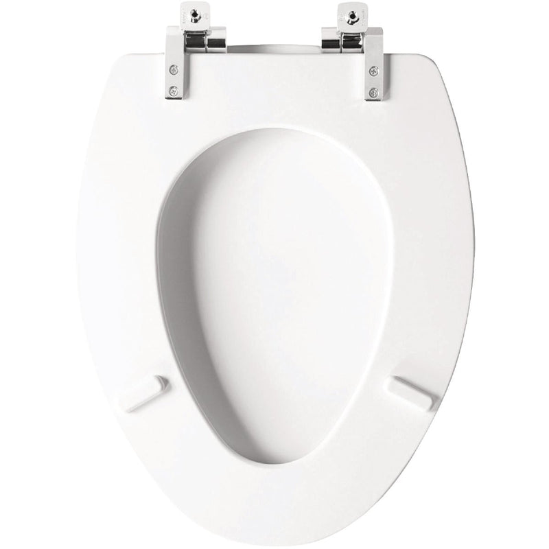 Mayfair Benton Elongated White Enameled Wood Toilet Seat with Slow Close Chrome Metal Hinge