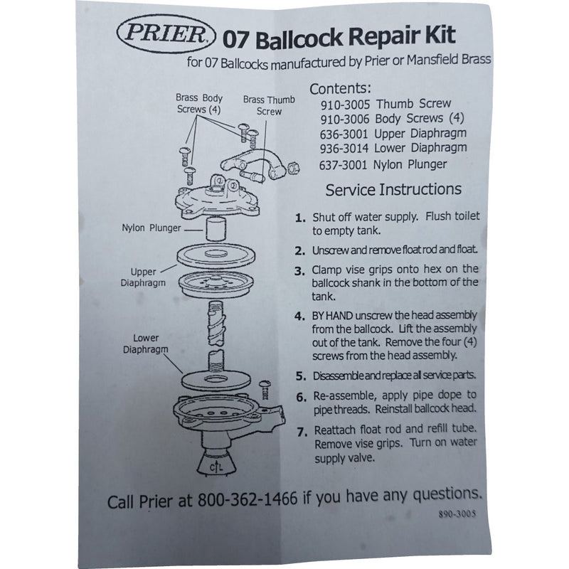 Mansfield Ballcock Service Kit Replacement Parts