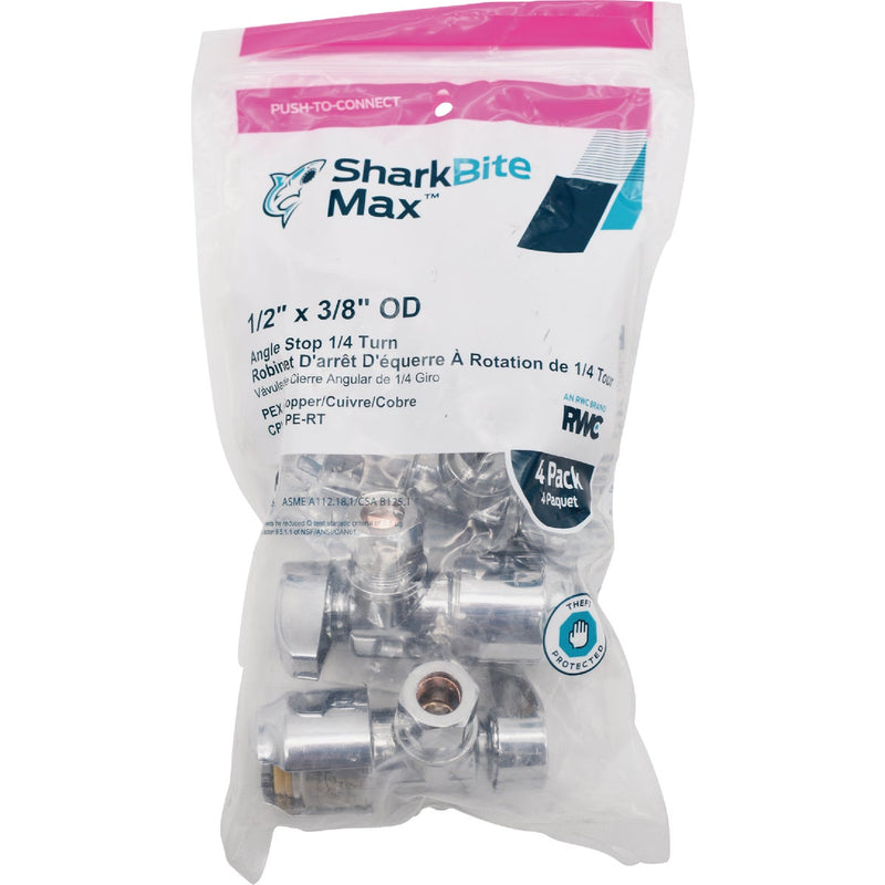 SharkBite 1/2 In. Push-to-Connect x 3/8 In. OD Compression Chrome-Plated Brass Quarter Turn Angle Valve (4-Pack)