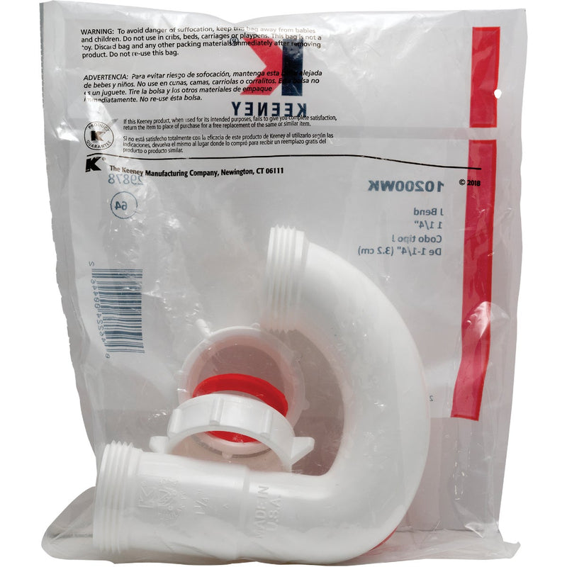 Keeney 1-1/4" White Plastic J-Bend, Heavy Duty Washer