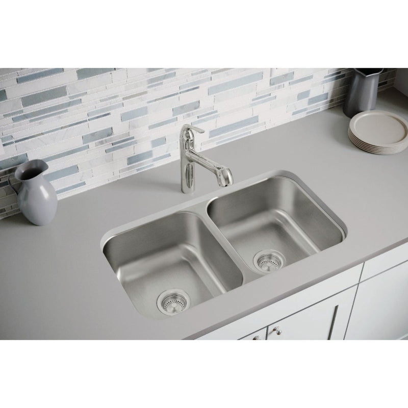 Elkay Dayton 31-3/4 In. x 18-1/4 In. x 8 In. Equal Double Bowl Undermount Kitchen Sink, Stainless Steel