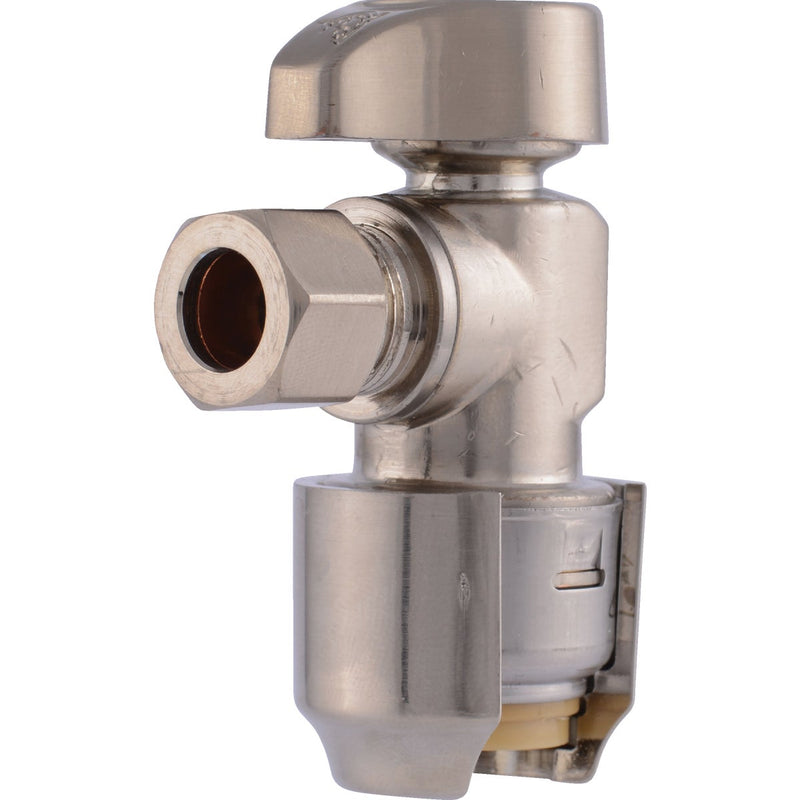 SharkBite 1/2 In. Push-to-Connect x 3/8 in. OD Compression Brushed Nickel Finish Brass Quarter Turn Angle Valve