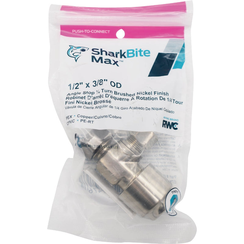 SharkBite 1/2 In. Push-to-Connect x 3/8 in. OD Compression Brushed Nickel Finish Brass Quarter Turn Angle Valve